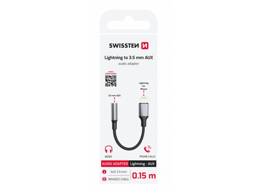 Swissten 3.5mm AUX Female Audio Adapter to Lightning for Apple iPhone / iPad / iPod MFi, with Nylon Weave, Black