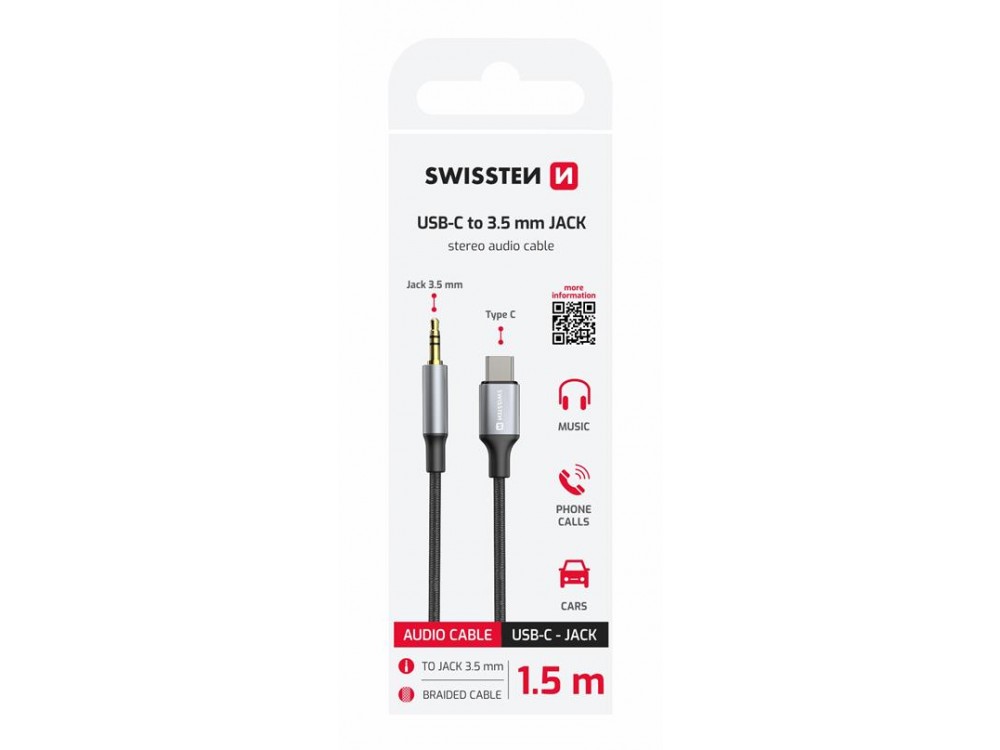 Swissten 3.5mm AUX Μale Audio Αντάπτορας σε Type-C 1.5μ. 3.5mm Audio Jack Μale to Type-C Male με Νάυλον Ύφανση, Black