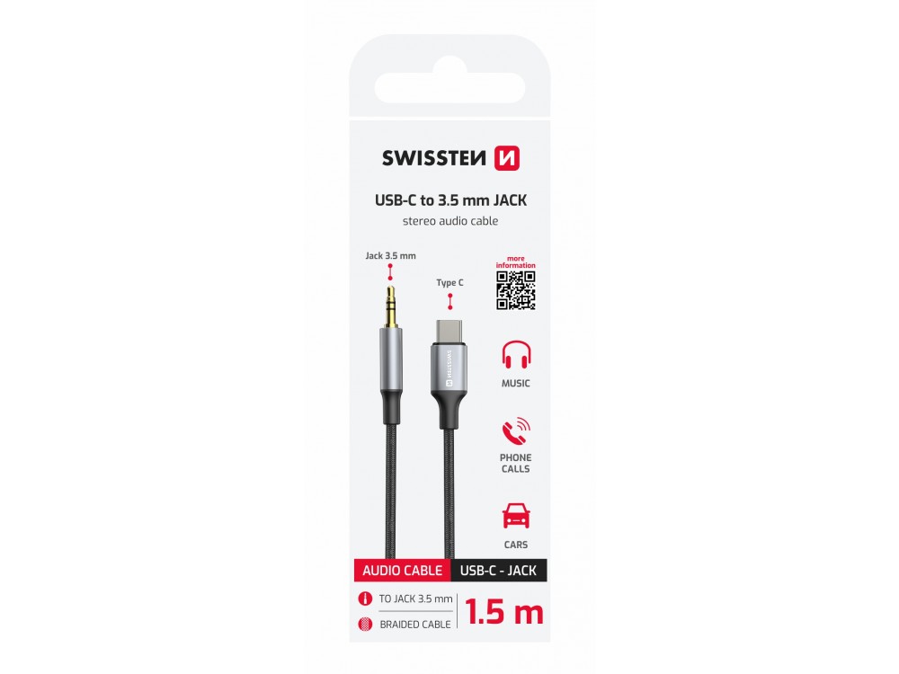 Swissten 3.5mm AUX Μale Audio Αντάπτορας σε Type-C 1.5μ. 3.5mm Audio Jack Μale to Type-C Male με Νάυλον Ύφανση, Black