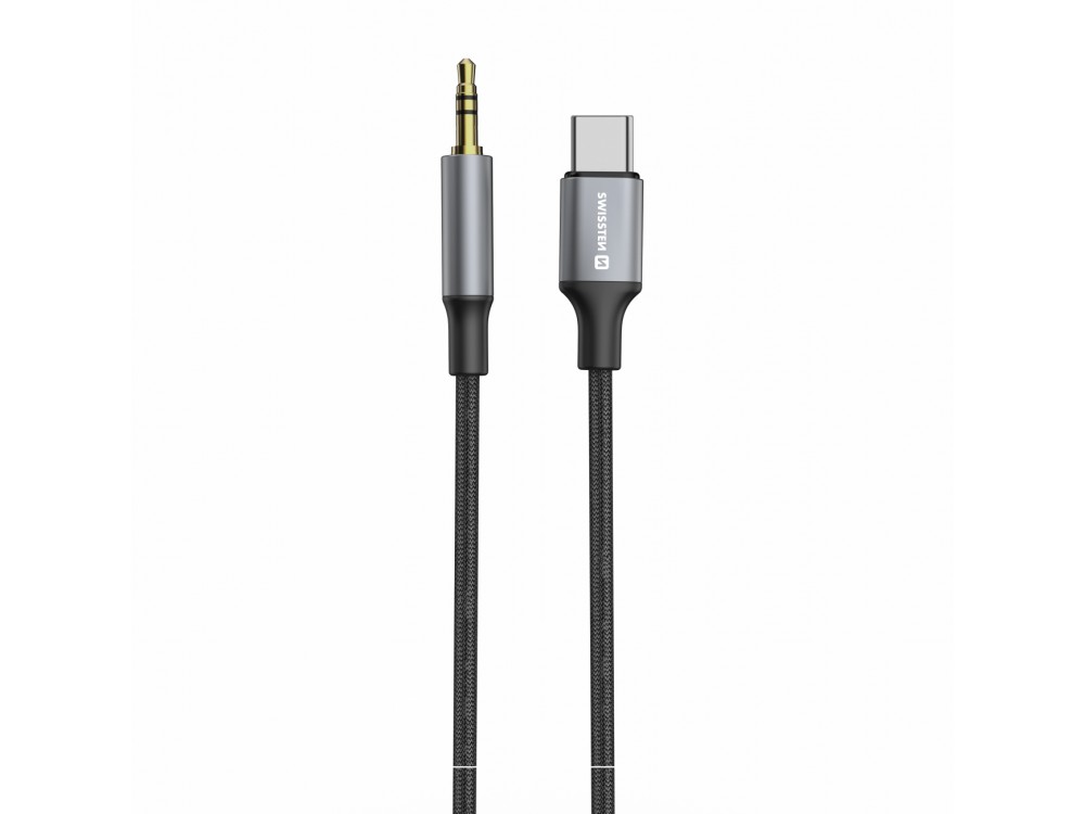 Swissten 3.5mm AUX Μale Audio Αντάπτορας σε Type-C 1.5μ. 3.5mm Audio Jack Μale to Type-C Male με Νάυλον Ύφανση, Black