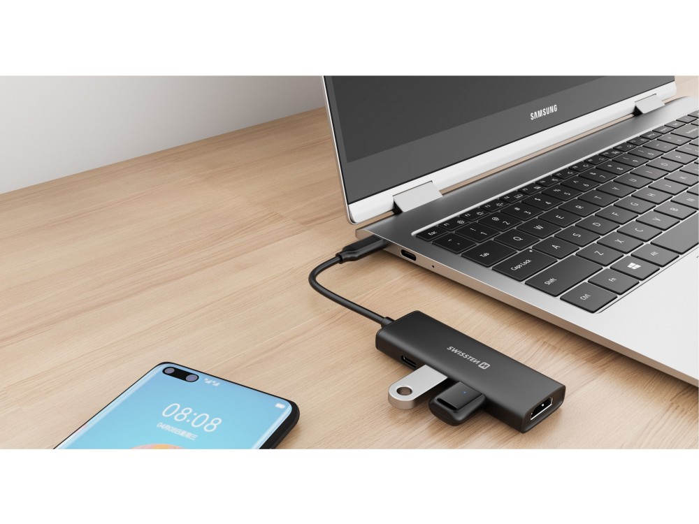 Swissten 4-in-1 USB C Data Hub - HDMI/4K*1 + USB3.0 + USB2.0 + USB-C 100W PD Charging