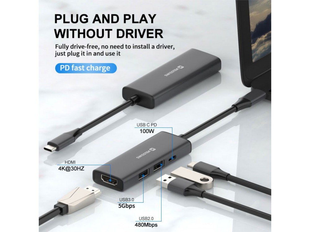 Swissten 4-in-1 USB C Data Hub - HDMI/4K*1 + USB3.0 + USB2.0 + USB-C 100W PD Charging