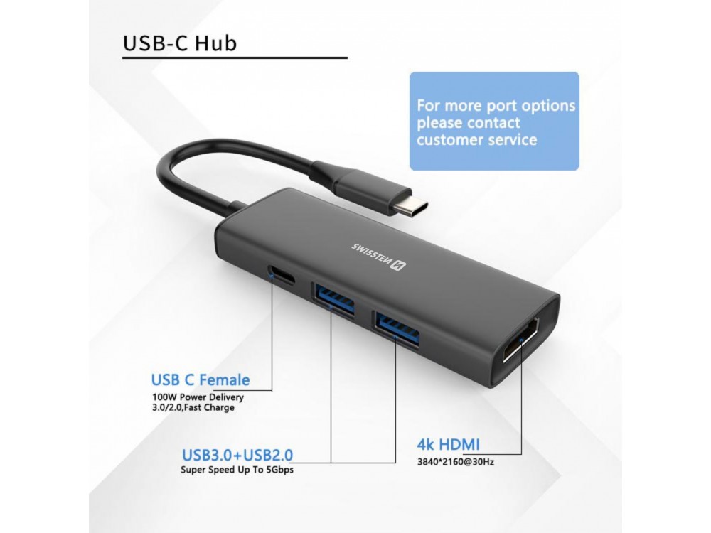 Swissten 4-in-1 USB C Data Hub - HDMI/4K*1 + USB3.0 + USB2.0 + USB-C 100W PD Charging