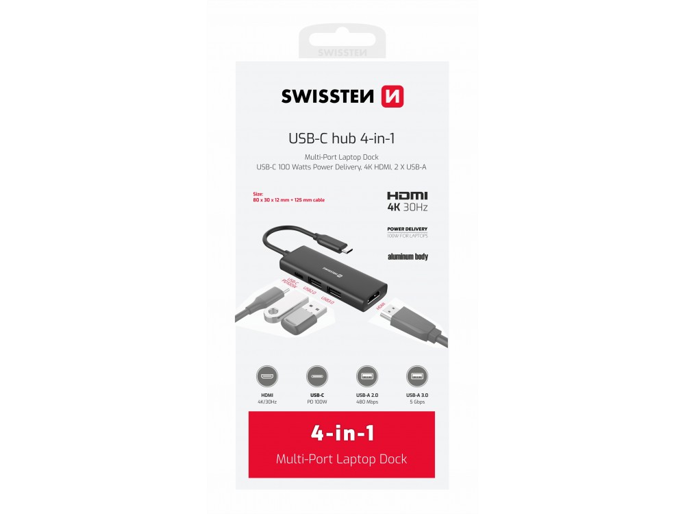 Swissten 4-in-1 USB C Data Hub - HDMI/4K*1 + USB3.0 + USB2.0 + USB-C 100W PD Charging
