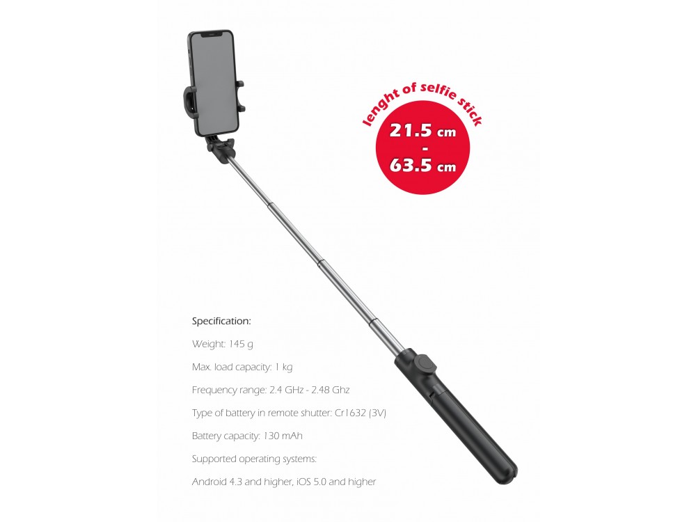 Swissten Aluminum Tripod Pro Bluetooth Selfie Stick & Τρίποδο με Remote, 21-64cm Επεκτεινόμενο Wireless για Smartphone & GoPro