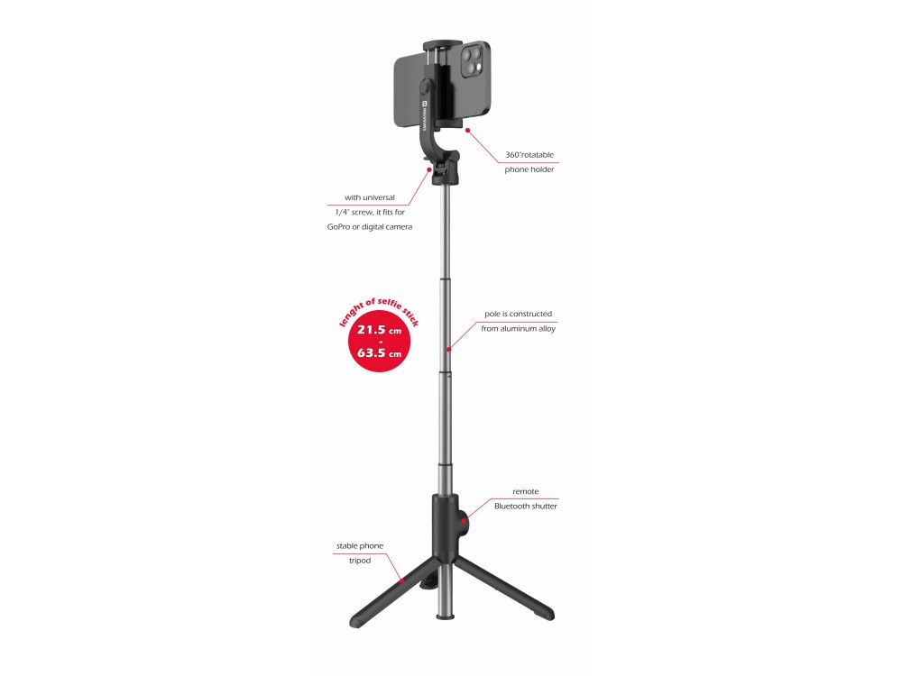 Swissten Aluminum Tripod Pro Bluetooth Selfie Stick & Τρίποδο με Remote, 21-64cm Επεκτεινόμενο Wireless για Smartphone & GoPro