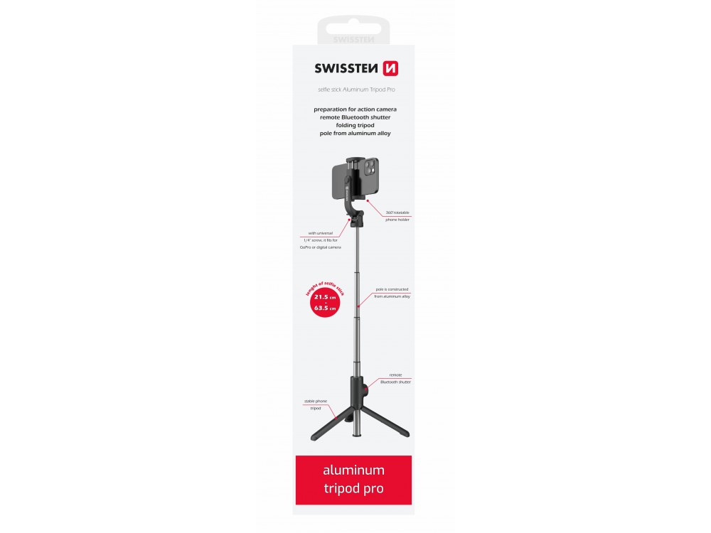 Swissten Aluminum Tripod Pro Bluetooth Selfie Stick & Τρίποδο με Remote, 21-64cm Επεκτεινόμενο Wireless για Smartphone & GoPro