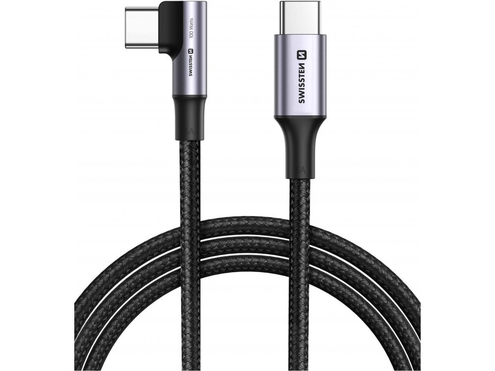 Swissten Arcade 2m. Cable Angled 90° USB-C to USB-C 100W, with Nylon Weave, Black