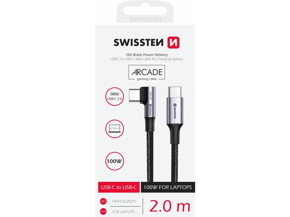 Swissten Arcade 2m. Cable Angled 90° USB-C to USB-C 100W, with Nylon Weave, Black