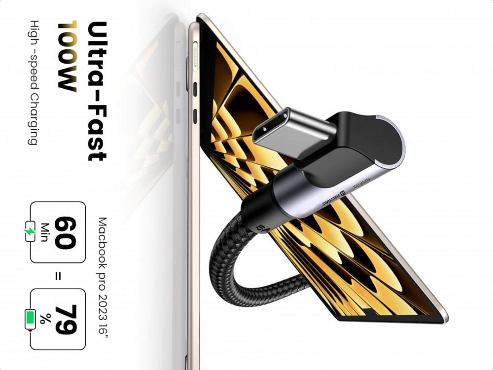Swissten Arcade 2m. Cable Angled 90° USB-C to USB-C 100W, with Nylon Weave, Black