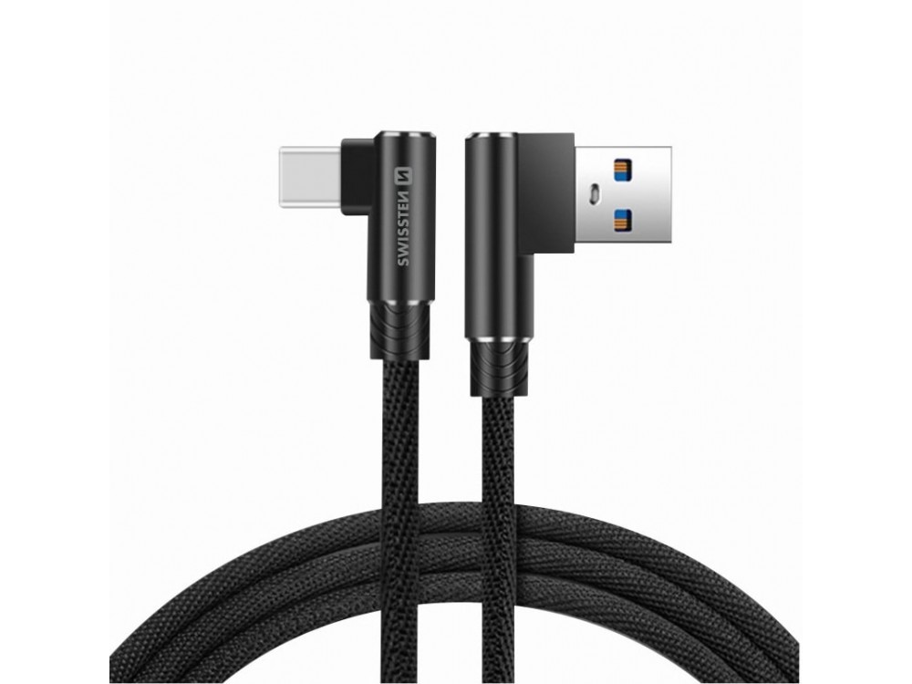 Swissten Arcade Angled 90° USB-C Cable 1.2m. With Nylon Weave, Black