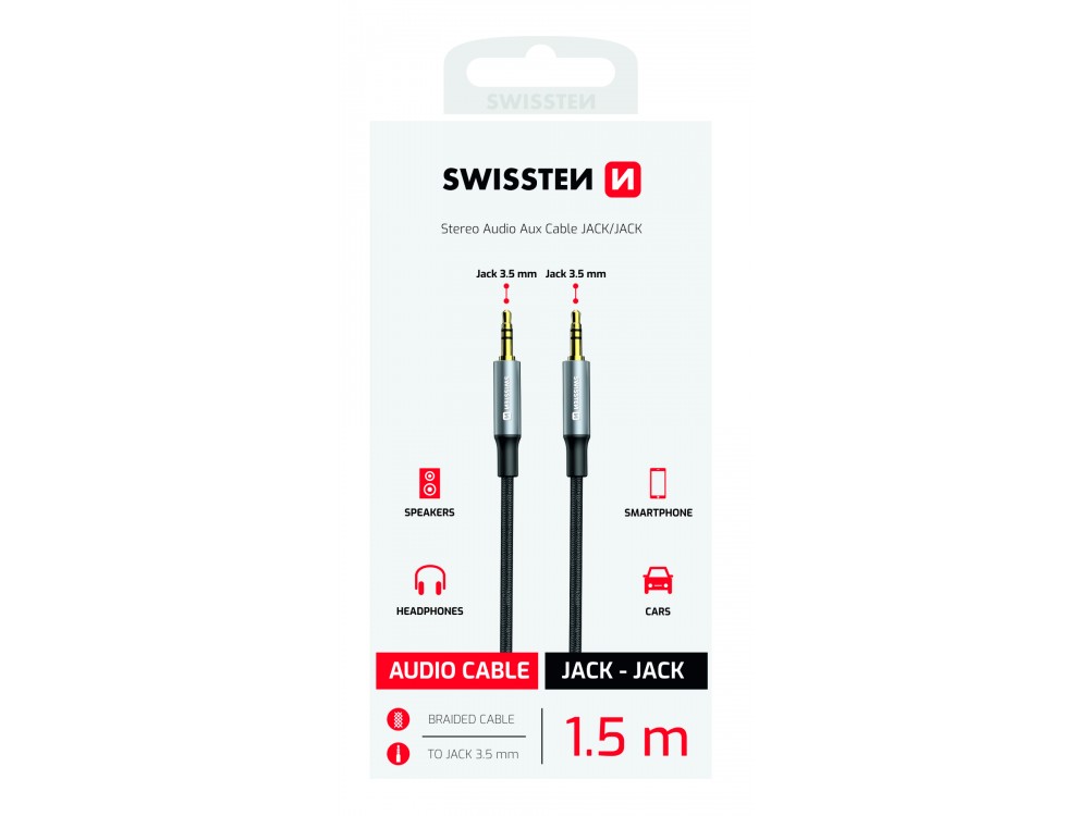 Swissten Audio AUX Cable 1.5m. Gold Plated with Nylon Braid 3.5mm, Black