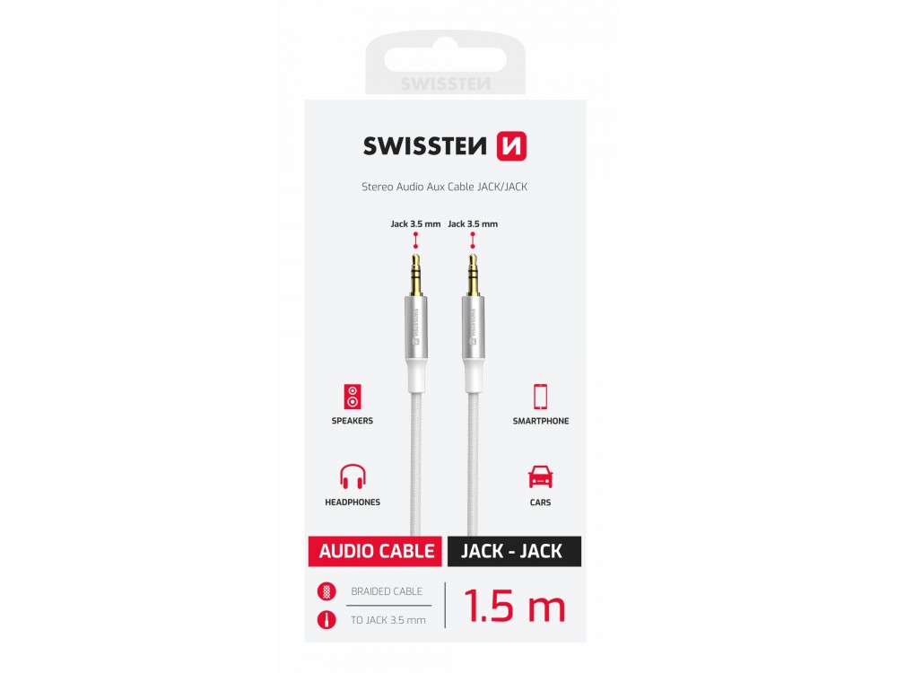 Swissten Audio AUX Καλώδιο 1,5μ. Επιχρυσωμένο με Νάυλον Ύφανση 3.5mm, White