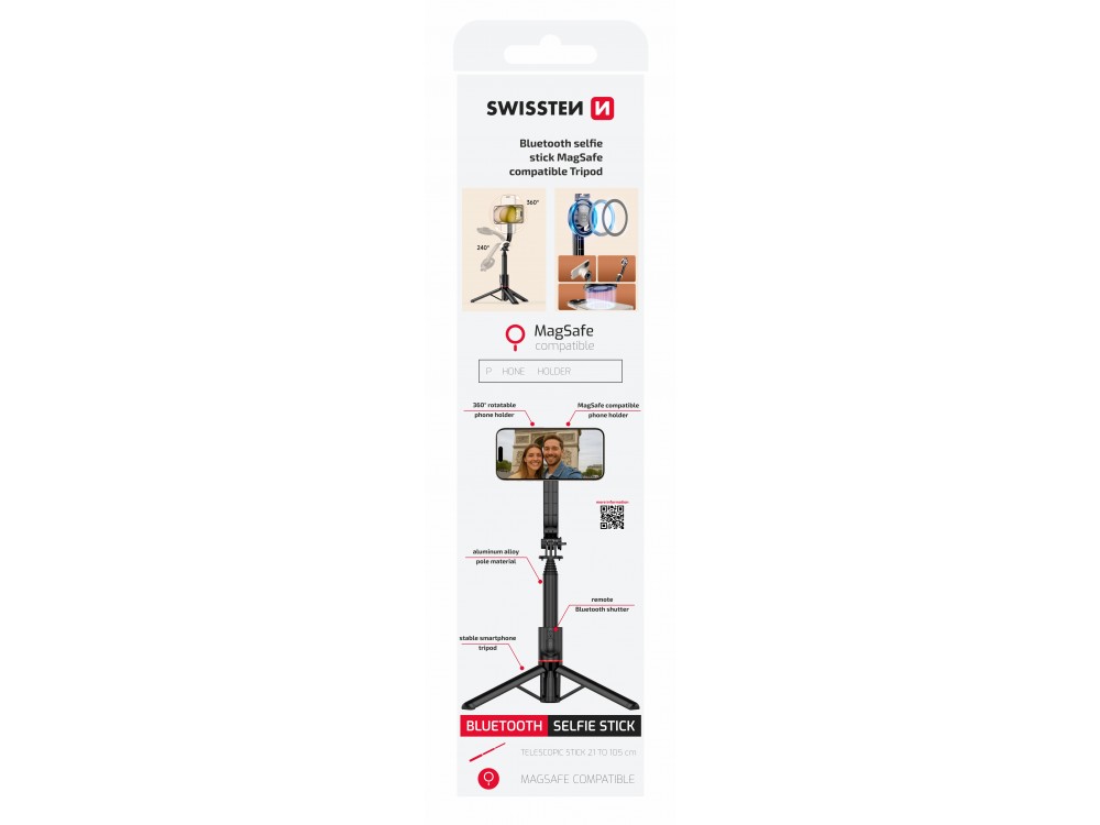 Swissten Bluetooth Magsafe Selfie Stick & Τρίποδο με Remote, 105cm Επεκτεινόμενο Wireless Handheld Tripod για Smartphone ως 7.2"