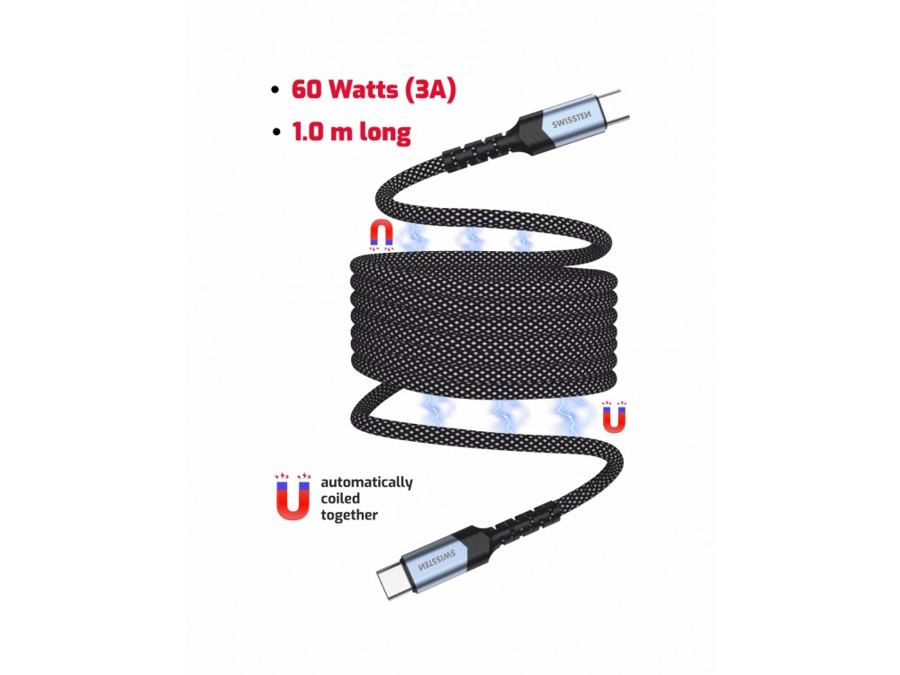 Swissten Braided Magnetic Καλώδιο 1μ. USB-C σε USB-C Μαγνητικό με Νάυλον ύφανση, Black