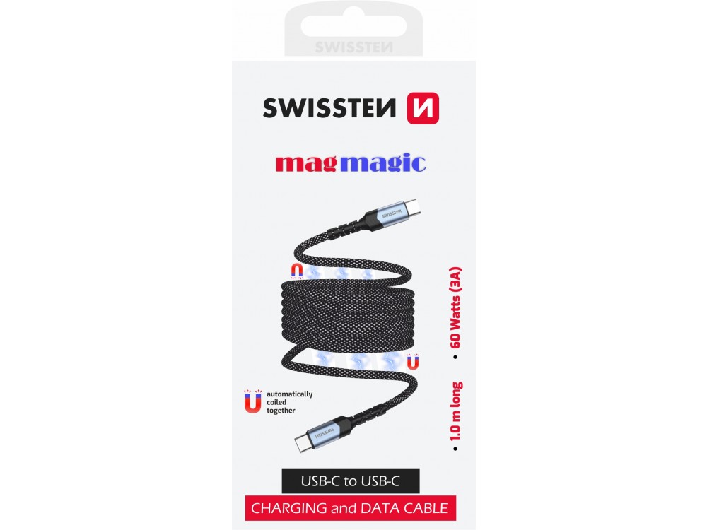 Swissten Braided Magnetic Καλώδιο 1μ. USB-C σε USB-C Μαγνητικό με Νάυλον ύφανση, Black