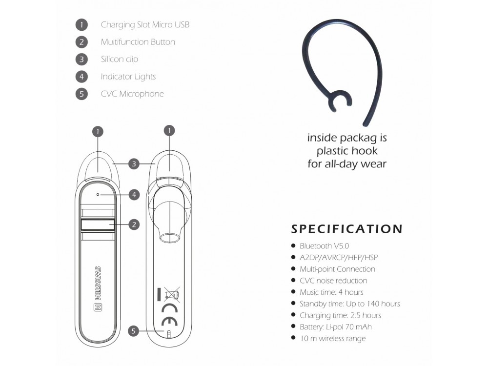 Swissten Caller Lightweight Bluetooth Headset, In-ear Handsfree Ακουστικό, Black