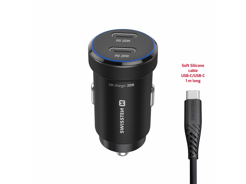 Swissten Car Charger, Φορτιστής Αυτοκινήτου 20W με PD3.0 με 2 Θύρες USB-C + Καλώδιο Type-C, Black