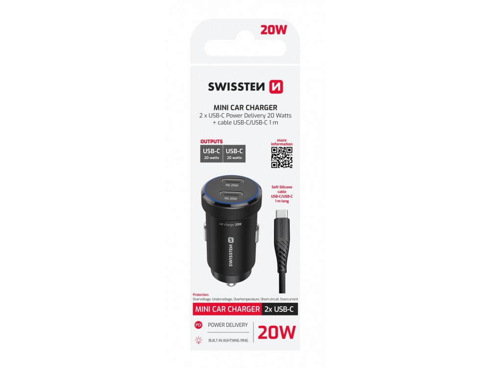 Swissten Car Charger, Φορτιστής Αυτοκινήτου 20W με PD3.0 με 2 Θύρες USB-C + Καλώδιο Type-C, Black