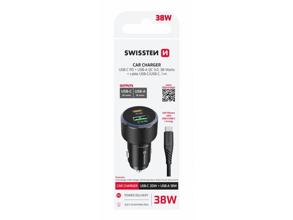 Swissten Car Charger, Φορτιστής Αυτοκινήτου 38W με PD3.0 & QC3.0 με Θύρα USB-C & USB-A + Καλώδιο Type-C, Black