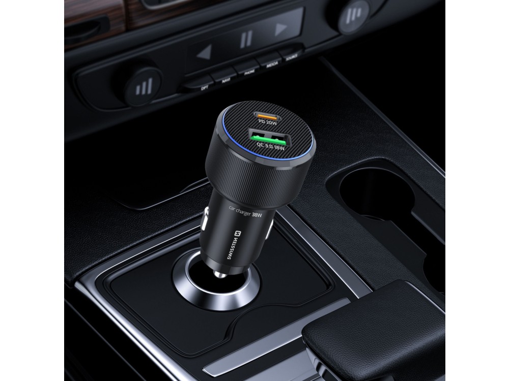 Swissten Car Charger, Φορτιστής Αυτοκινήτου 38W με PD3.0 & QC3.0 με Θύρα USB-C & USB-A + Καλώδιο Type-C, Black