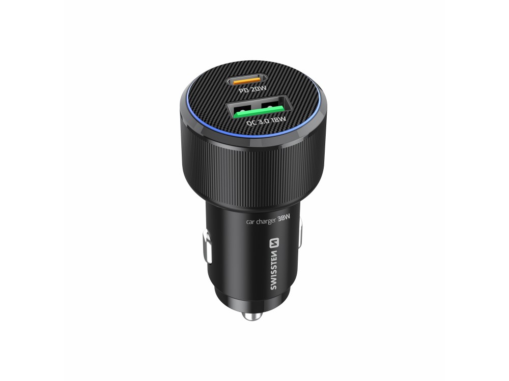 Swissten Car Charger, Φορτιστής Αυτοκινήτου 38W με PD3.0 & QC3.0 με Θύρα USB-C & USB-A + Καλώδιο Type-C, Black