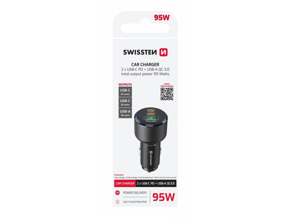 Swissten Car Charger, Φορτιστής Αυτοκινήτου 95W με PD3.0 & QC4.0 με 2 Θύρες USB-C + USB-A & Blue LED light, Black