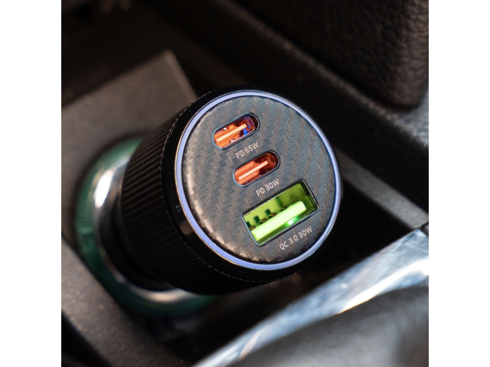 Swissten Car Charger, Φορτιστής Αυτοκινήτου 95W με PD3.0 & QC4.0 με 2 Θύρες USB-C + USB-A & Blue LED light, Black