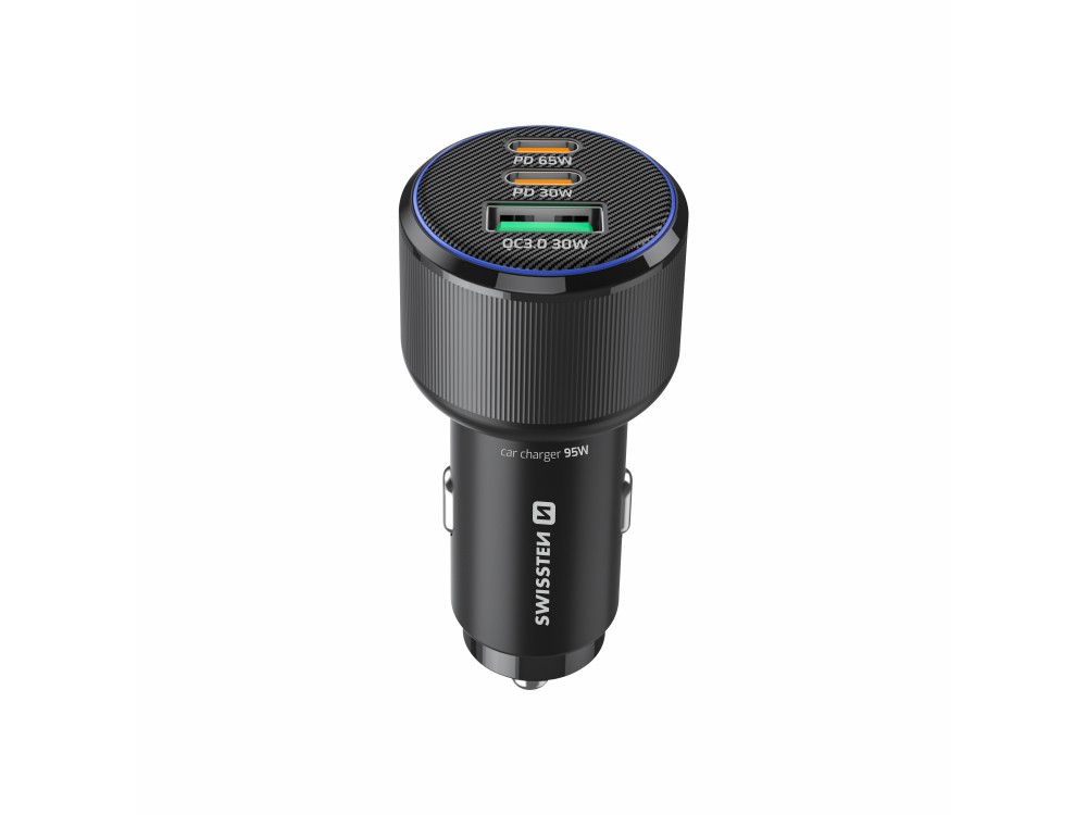 Swissten Car Charger, Φορτιστής Αυτοκινήτου 95W με PD3.0 & QC4.0 με 2 Θύρες USB-C + USB-A & Blue LED light, Black