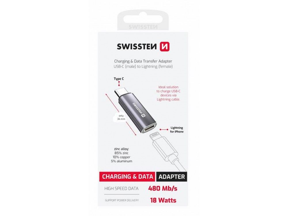 Swissten Charging Adapter USB-C Male σε Lightning Female, Space Grey