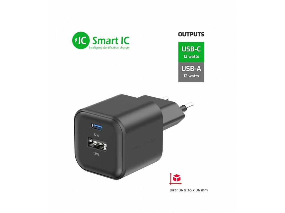 Swissten Compact Charger, Φορτιστής πρίζας 2-θυρών 12W με Type-C & USB-A, Black