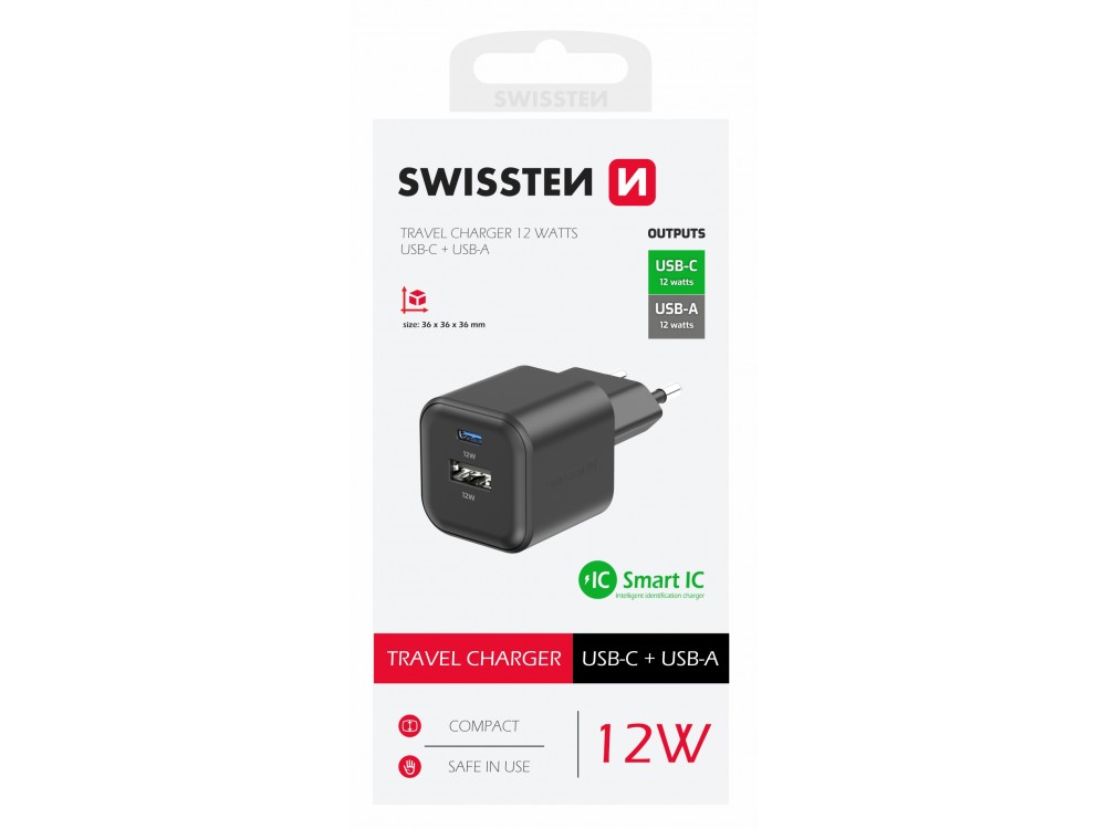 Swissten Compact Charger, Φορτιστής πρίζας 2-θυρών 12W με Type-C & USB-A, Black