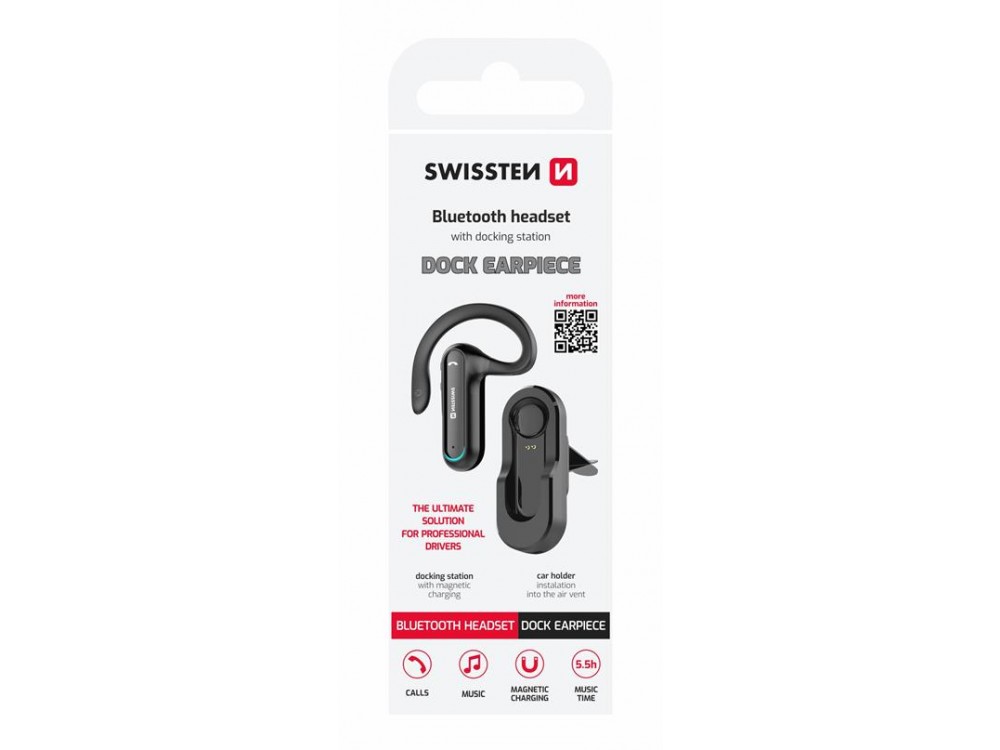 Swissten Dock Earpiece, Bluetooth Headset, In-ear Handsfree Ακουστικό με Βάση Μαγνητικής Φόρτισης, Black