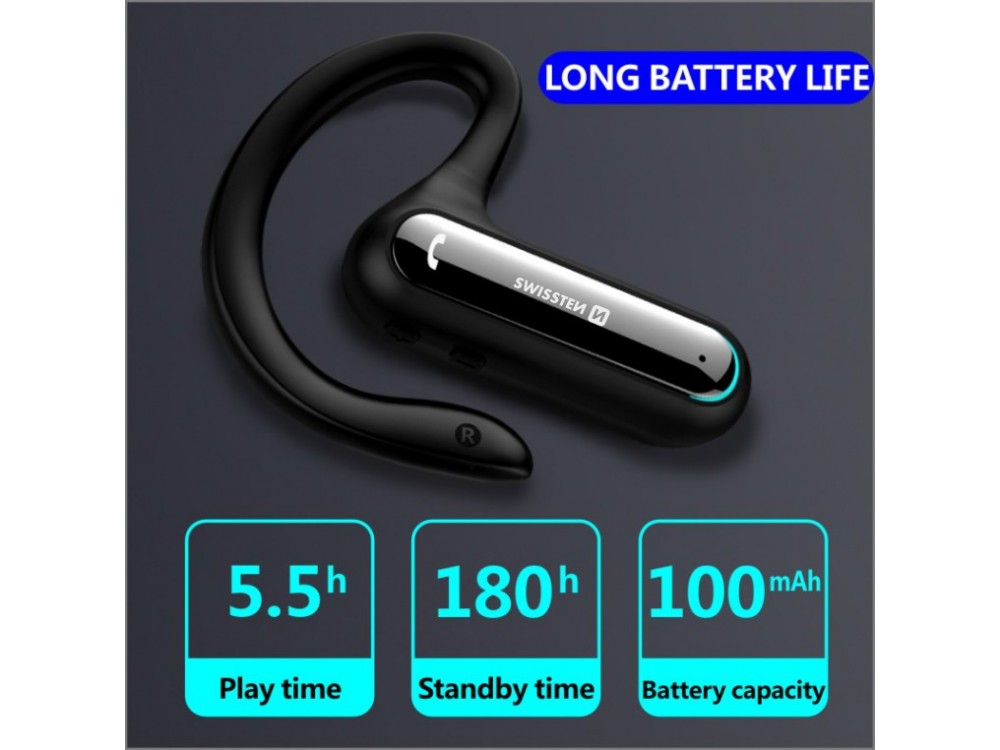 Swissten Dock Earpiece, Bluetooth Headset, In-ear Handsfree Ακουστικό με Βάση Μαγνητικής Φόρτισης, Black