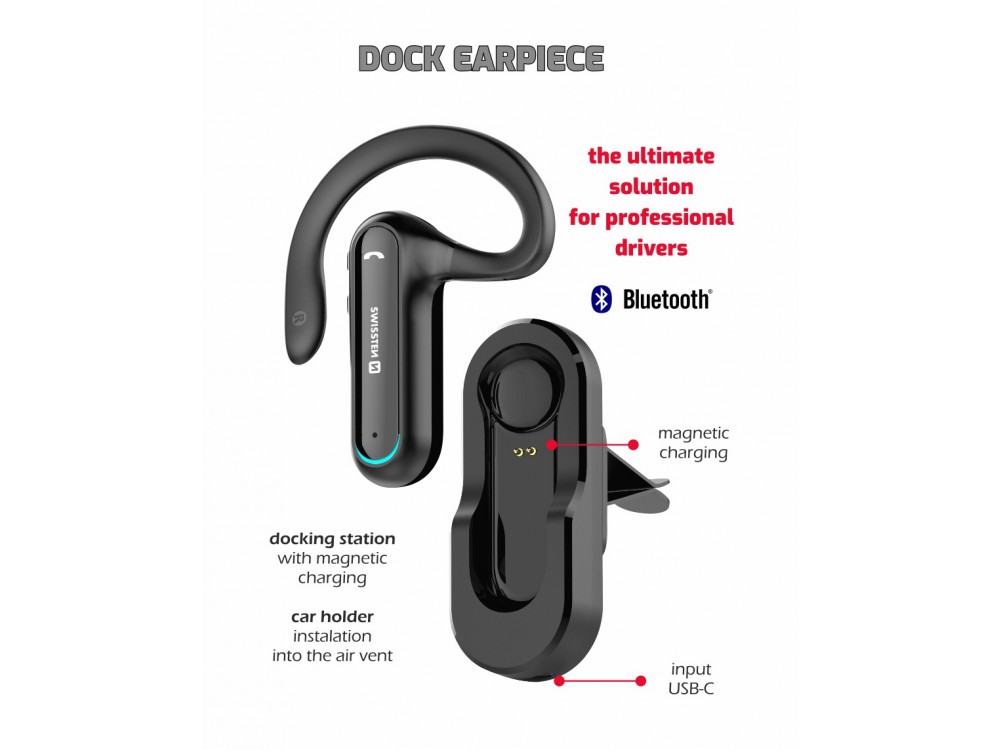 Swissten Dock Earpiece, Bluetooth Headset, In-ear Handsfree Ακουστικό με Βάση Μαγνητικής Φόρτισης, Black