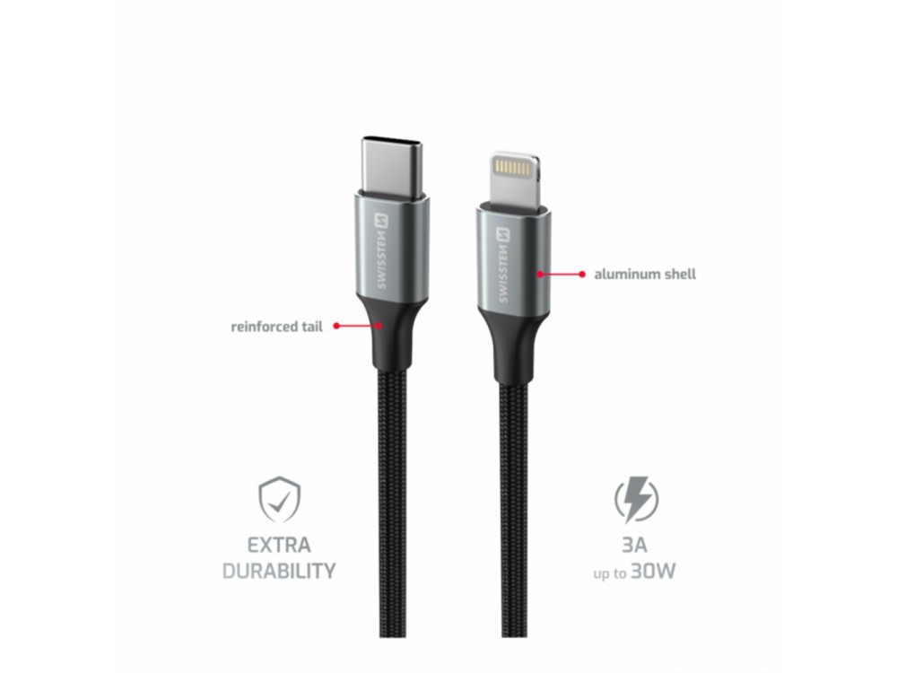 Swissten Durable Textile II USB-C σε Lightning Καλώδιο 1.5μ. με Νάυλον ύφανση, Black