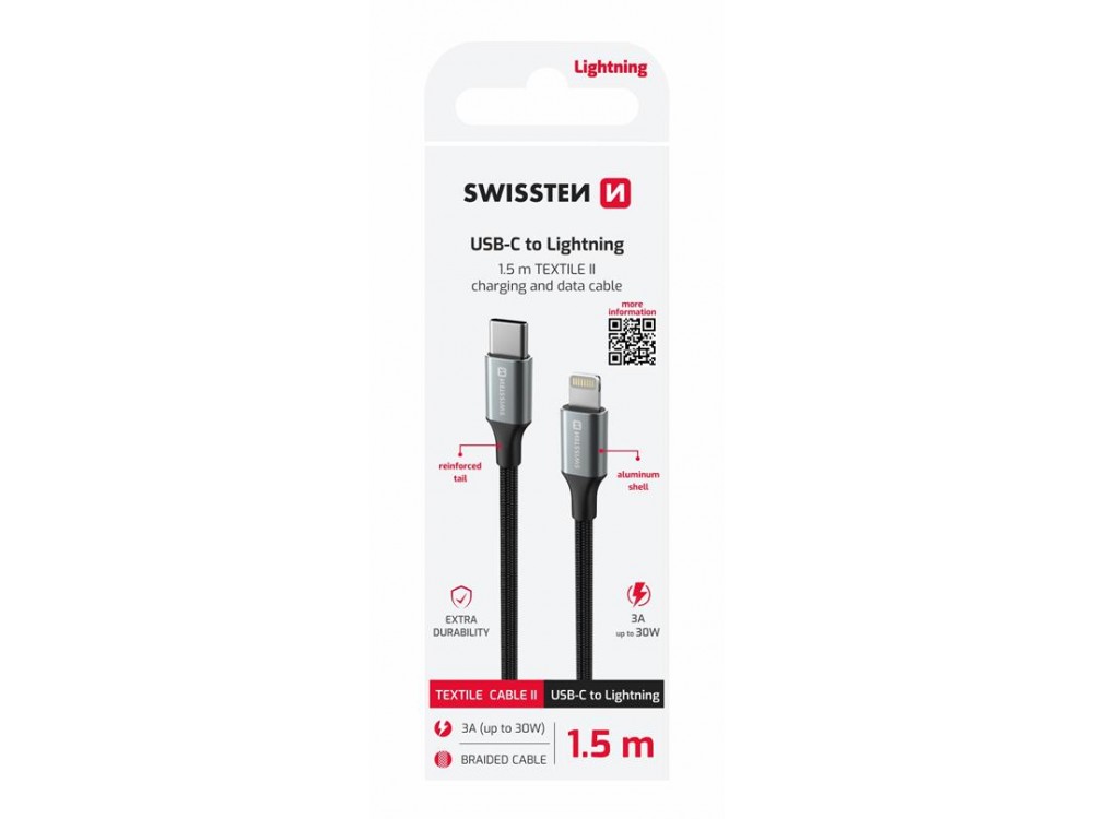 Swissten Durable Textile II USB-C σε Lightning Καλώδιο 1.5μ. με Νάυλον ύφανση, Black