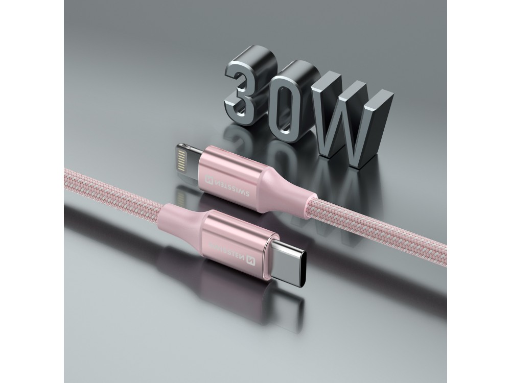 Swissten Durable Textile II USB-C σε Lightning Καλώδιο 1.5μ. με Νάυλον ύφανση, Pink