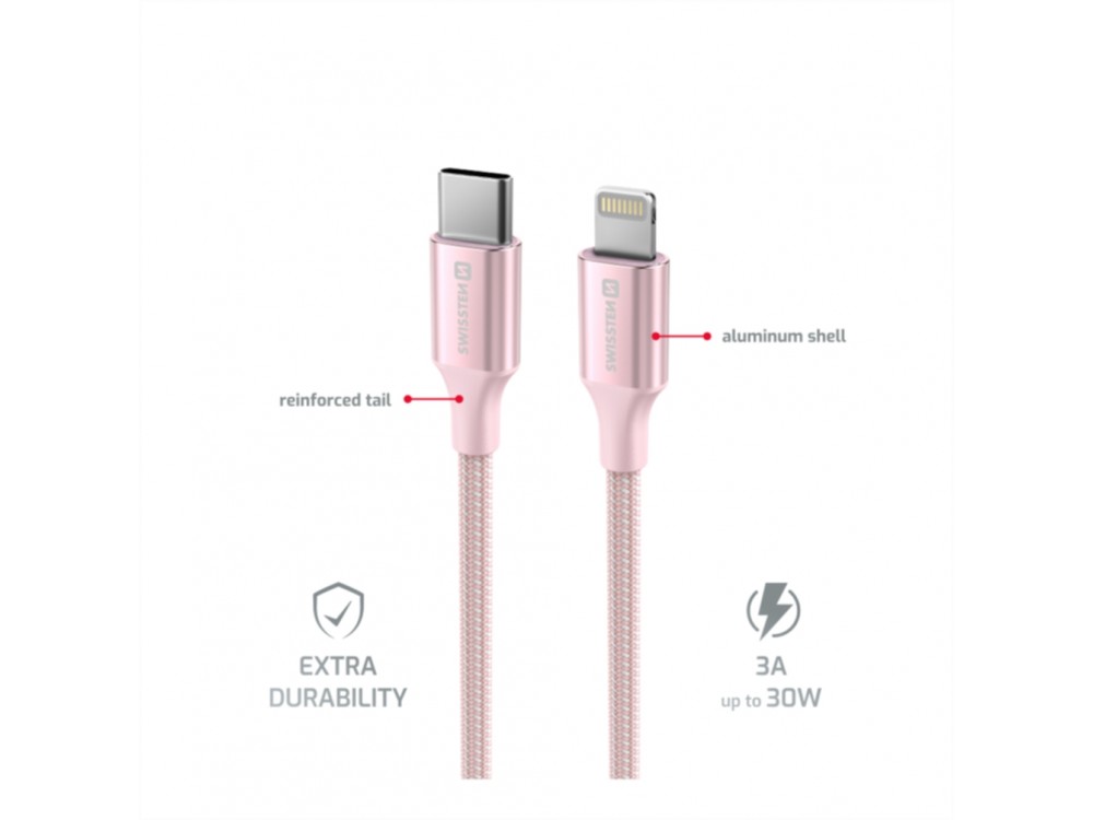 Swissten Durable Textile II USB-C σε Lightning Καλώδιο 1.5μ. με Νάυλον ύφανση, Pink