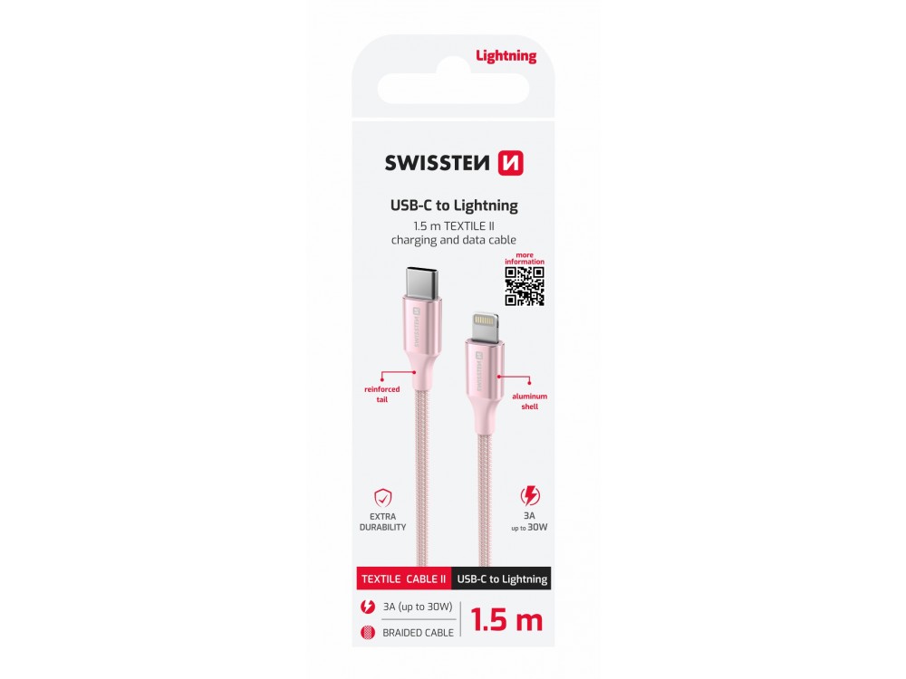 Swissten Durable Textile II USB-C σε Lightning Καλώδιο 1.5μ. με Νάυλον ύφανση, Pink