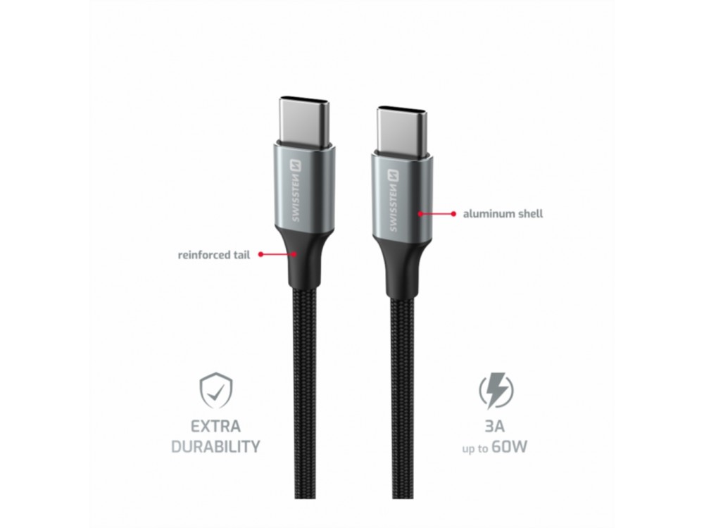 Swissten Durable Textile II USB-C to USB-C Cable 1.5m with Nylon Weave, Black