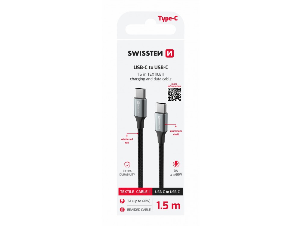 Swissten Durable Textile II USB-C to USB-C Cable 1.5m with Nylon Weave, Black