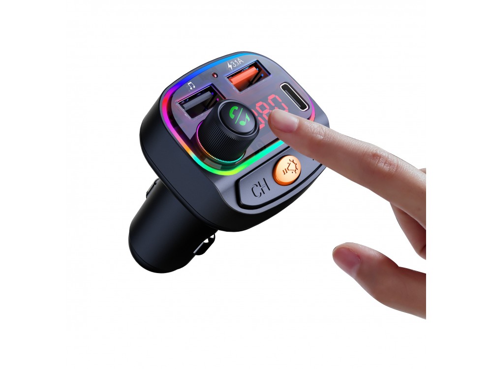 Swissten FM Transmitter Bluetooth 5.3 Handsfree Αυτοκινήτου & Φορτιστής 15W με Οθόνη LED & RGB LED Φωτισμό & 2 USB