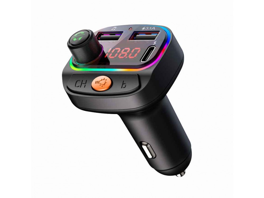 Swissten FM Transmitter Bluetooth 5.3 Handsfree Αυτοκινήτου & Φορτιστής 15W με Οθόνη LED & RGB LED Φωτισμό & 2 USB