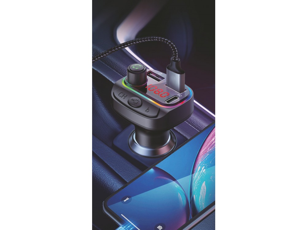 Swissten FM Transmitter Bluetooth 5.3 Handsfree Αυτοκινήτου & Φορτιστής 15W με Οθόνη LED & RGB LED Φωτισμό & 2 USB