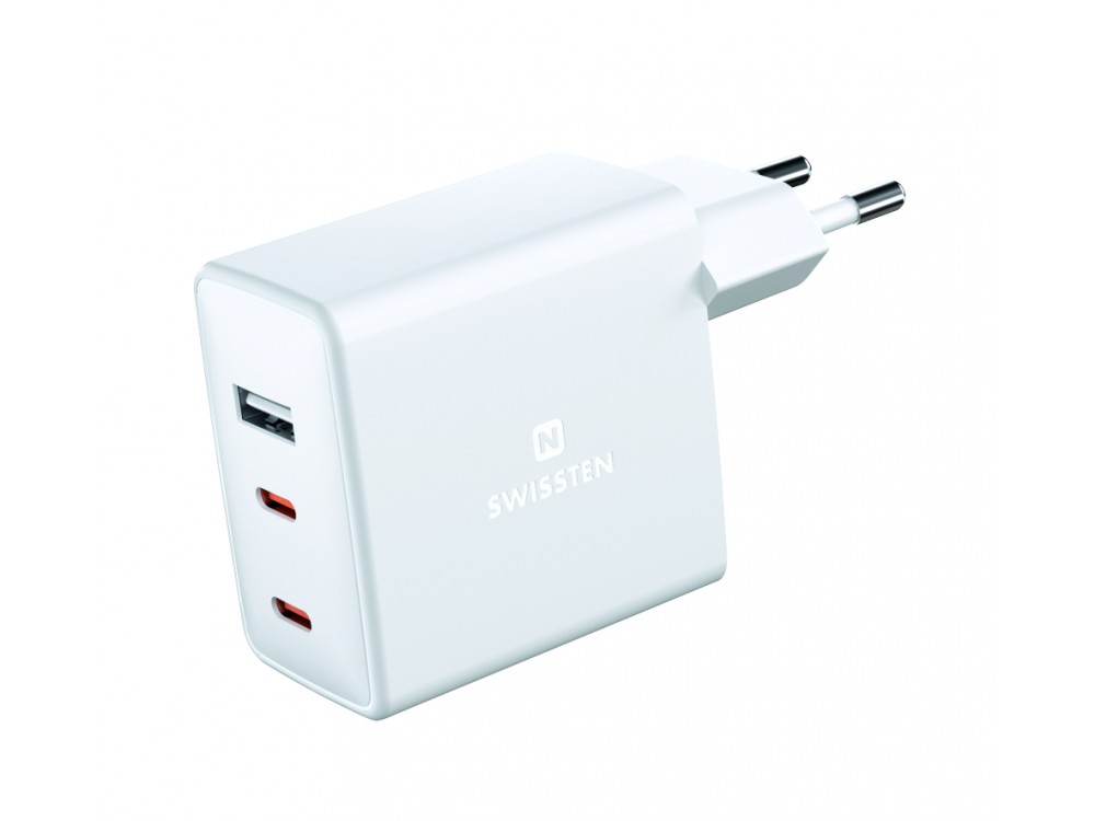 Swissten GaN Charger, Φορτιστής πρίζας 3-θυρών 70W Type-C με PD / PPS, White