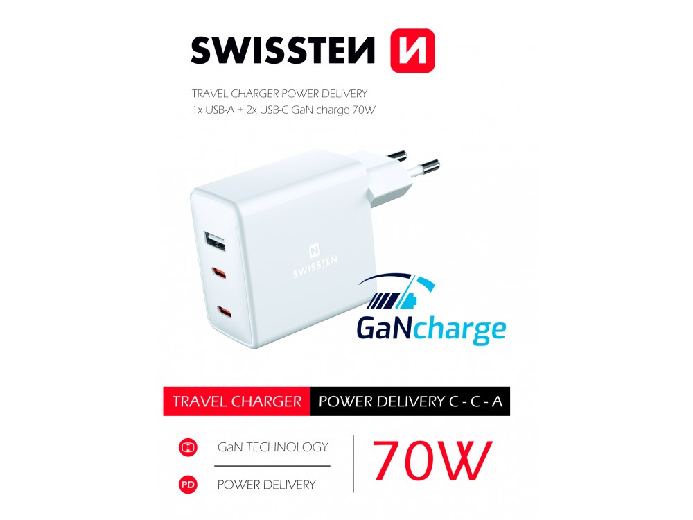 Swissten GaN Charger, Φορτιστής πρίζας 3-θυρών 70W Type-C με PD / PPS, White