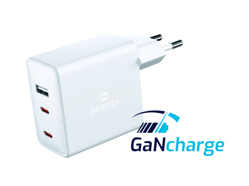 Swissten GaN Charger, Φορτιστής πρίζας 3-θυρών 70W Type-C με PD / PPS, White