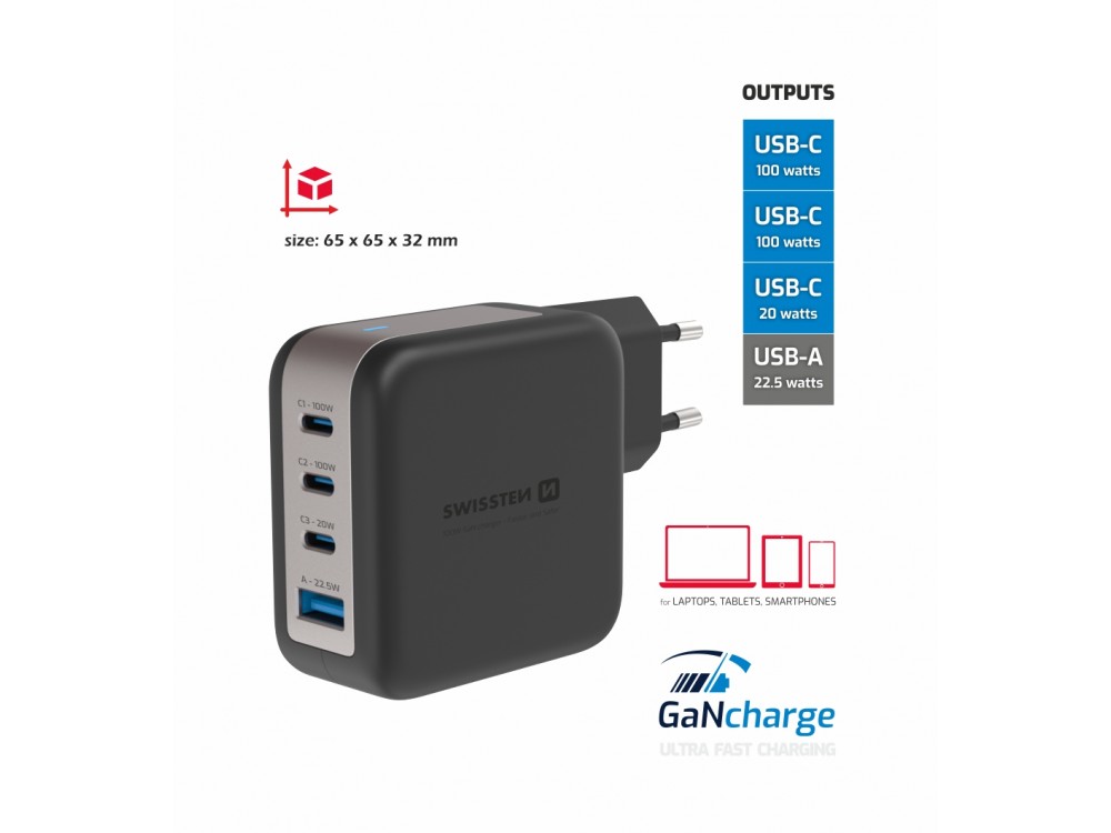 Swissten GaN Charger, Φορτιστής πρίζας 4-θυρών 100W Type-C με PD / PPS, Black