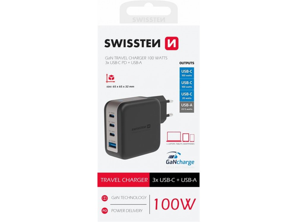 Swissten GaN Charger, Φορτιστής πρίζας 4-θυρών 100W Type-C με PD / PPS, Black